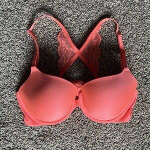 Victoria Secret Demi Neon Orange - Pink Lace Racerback Underwire Bra Sz 34D